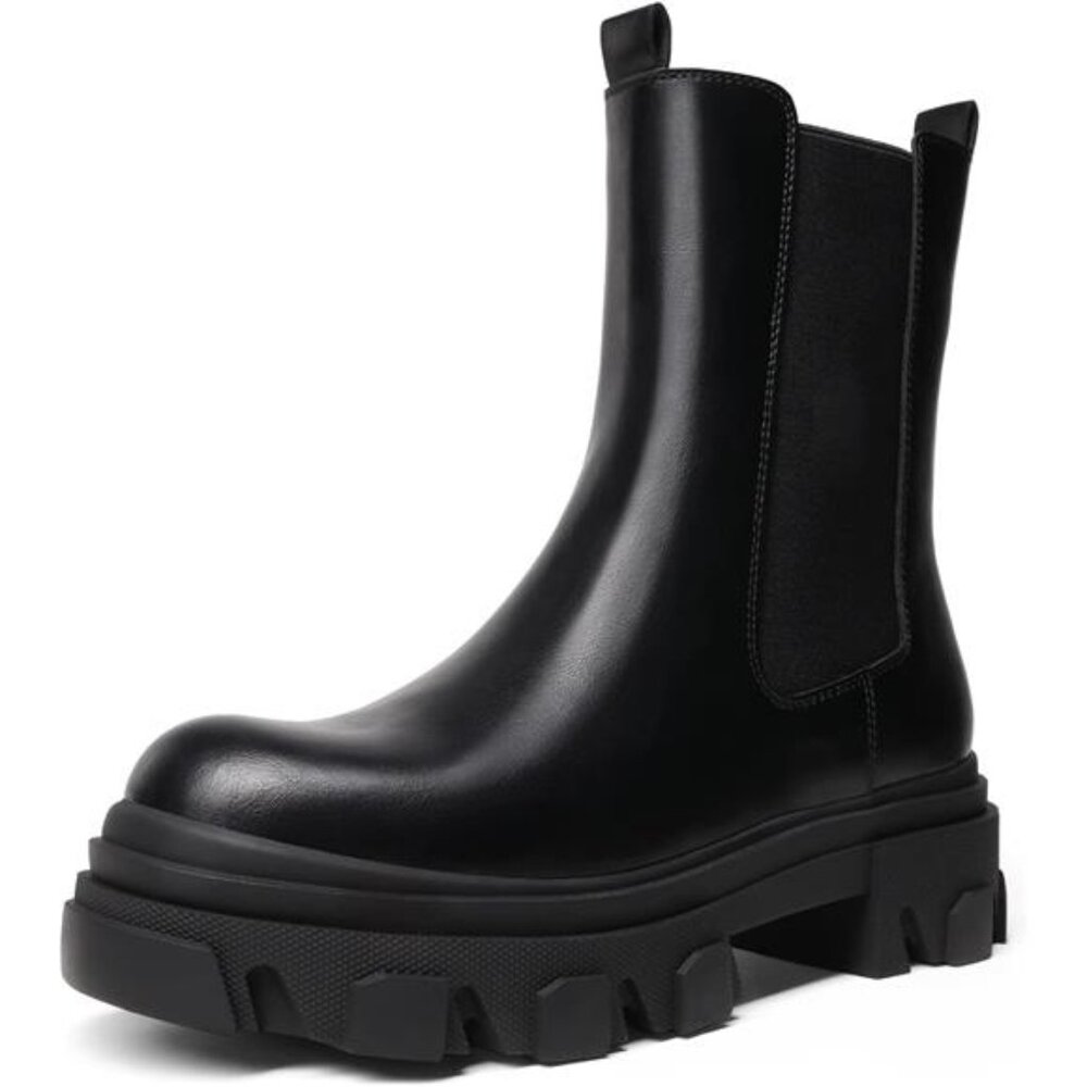 Women's Platform Chelsea Boots Lug Sole Combat Mid Calf Slip On Ankle Booties